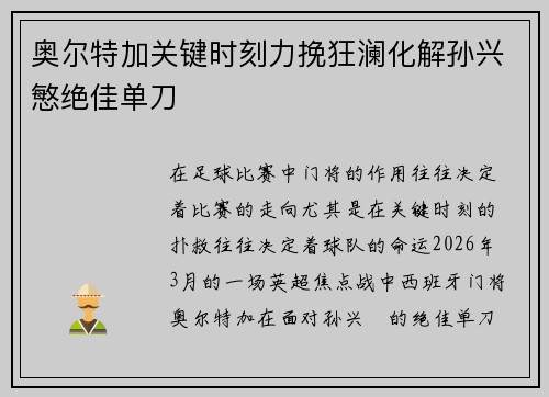 奥尔特加关键时刻力挽狂澜化解孙兴慜绝佳单刀 奥尔特加关键时刻力挽狂澜化解孙兴慜绝佳单刀