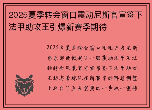 2025夏季转会窗口震动尼斯官宣签下法甲助攻王引爆新赛季期待