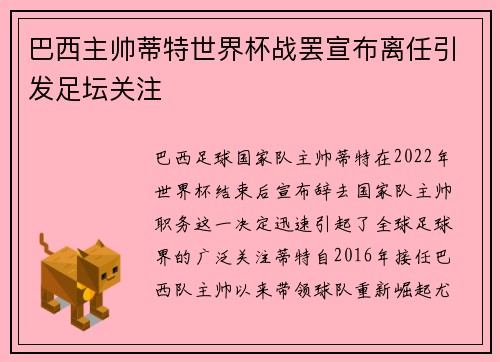 巴西主帅蒂特世界杯战罢宣布离任引发足坛关注 巴西主帅蒂特世界杯战罢宣布离任引发足坛关注