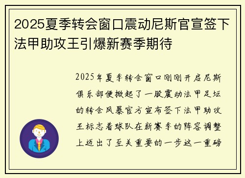 2025夏季转会窗口震动尼斯官宣签下法甲助攻王引爆新赛季期待