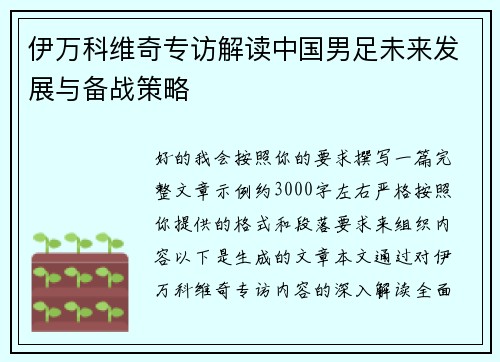 伊万科维奇专访解读中国男足未来发展与备战策略 伊万科维奇专访解读中国男足未来发展与备战策略